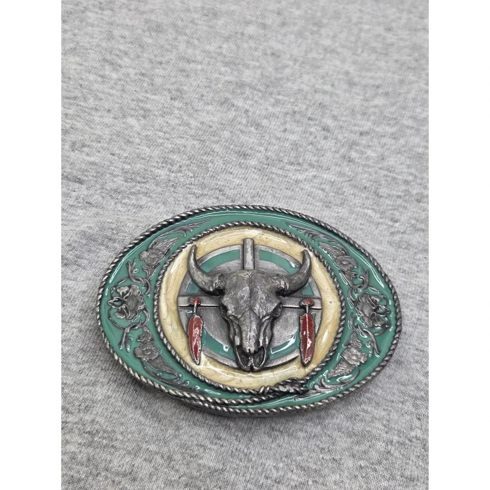 Rare 1981 Siskiyou Buffalo Skull Feathers Green Enamel Native Belt Buckle USA